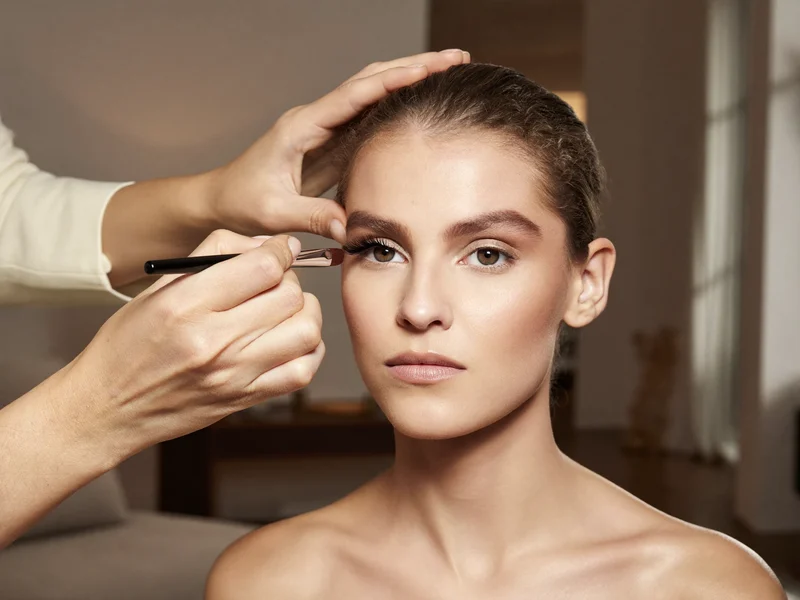 Makeupartist påfører blød øjenskygge og vipper i et bryllupsinspireret look