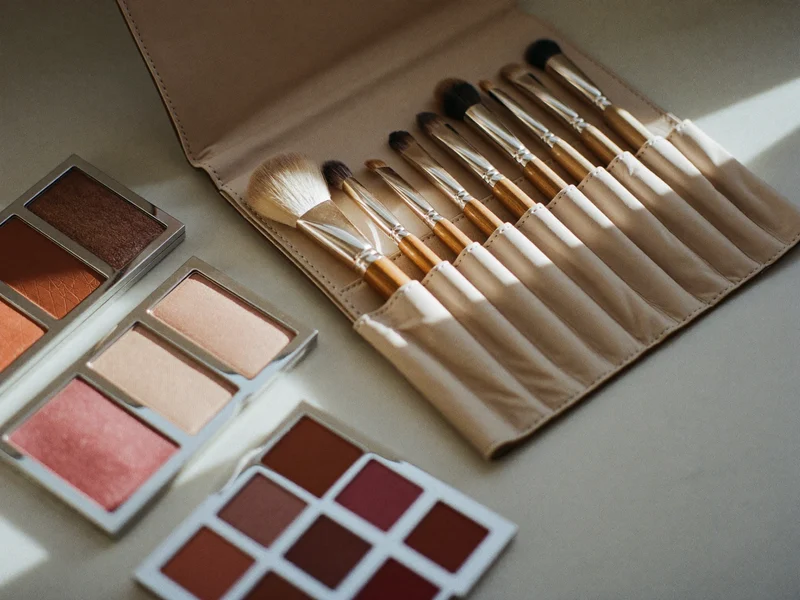 Åben penselrulle og paletter med øjenskygge, rouge og læbefarver på en bordplade