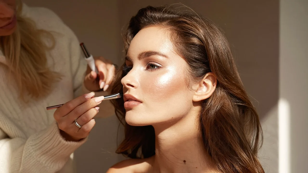 Færdigt naturligt look på en model, som en elev tjekker i spejlet