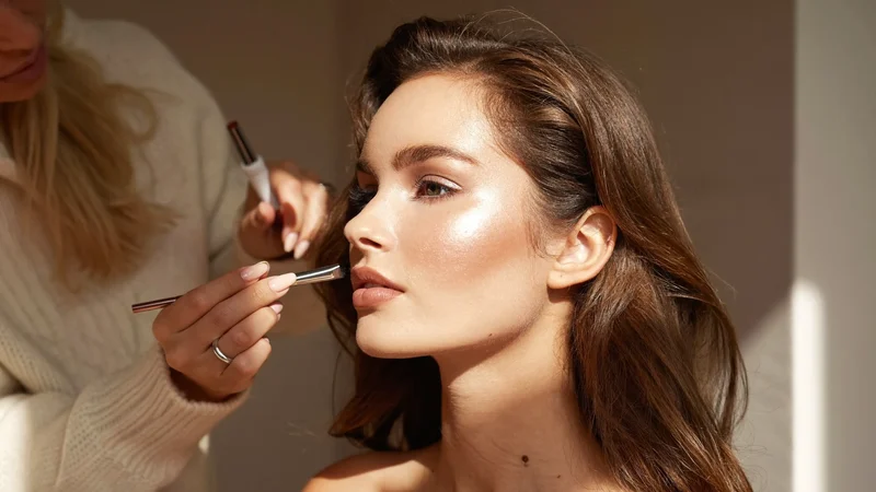 Færdigt naturligt look på en model, som en elev tjekker i spejlet